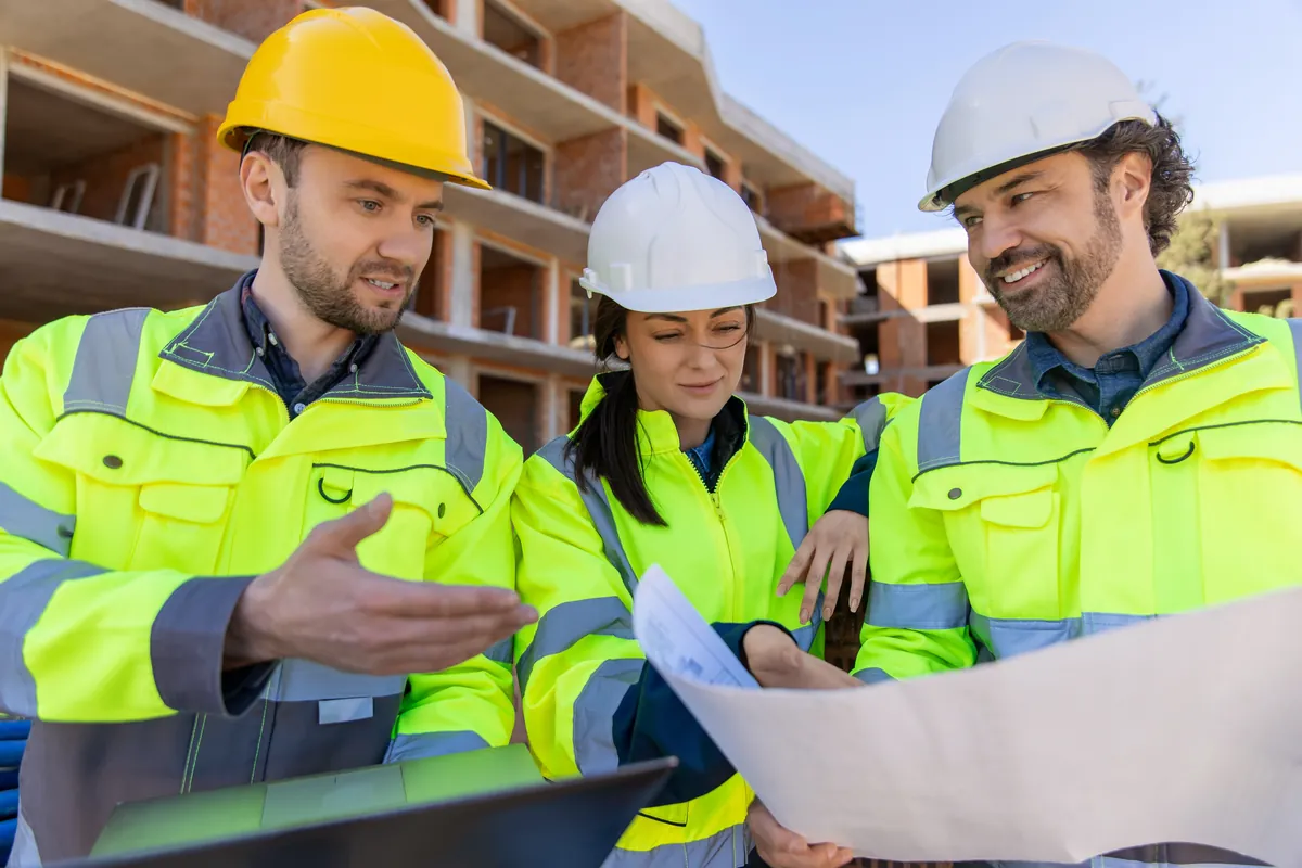 Engineers in hard hats and hi-vis vests reviewing plans on a building site