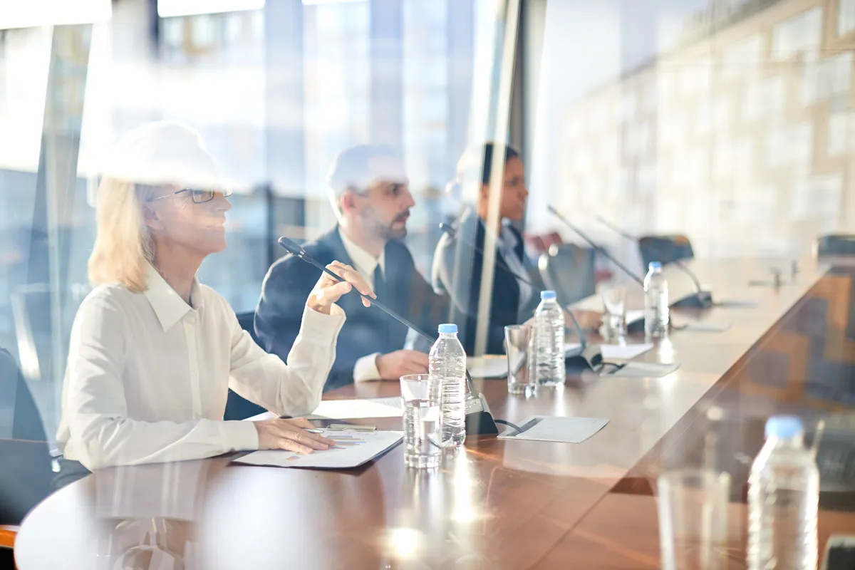 Officials in a formal meeting at a long conference table
